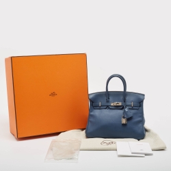 Hermes Bleu Agate Swift Leather Palladium Finish Birkin 25 Bag