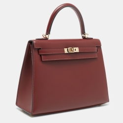Pre Owned Hermes Rouge H Sombrero Leather Gold Finish Kelly Sellier 25 Bag