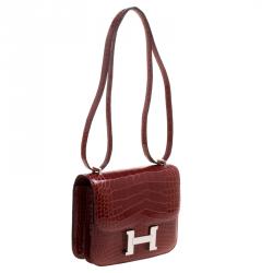 Pre Owned Hermes Rouge H Alligator Mini Palladium Hardware Constance Bag