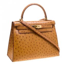 Pre Owned Hermes Cognac Ostrich Gold Hardware Kelly Sellier 28 Bag