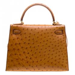 Pre Owned Hermes Cognac Ostrich Gold Hardware Kelly Sellier 28 Bag