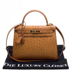 Pre Owned Hermes Cognac Ostrich Gold Hardware Kelly Sellier 28 Bag