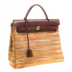 Pre Owned Hermes Brown Vibrato Leather and Canvas Herbag 2 in 1