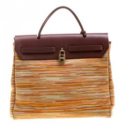 Pre Owned Hermes Brown Vibrato Leather and Canvas Herbag 2 in 1