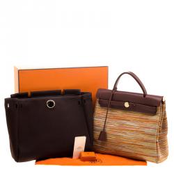 Pre Owned Hermes Brown Vibrato Leather and Canvas Herbag 2 in 1