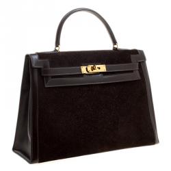 Pre Owned Hermes Dark Marron Box Calf Leather and Suede Gold Hardware Kelly Sellier 32 Bag