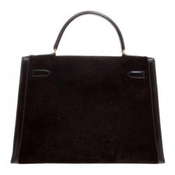 Pre Owned Hermes Dark Marron Box Calf Leather and Suede Gold Hardware Kelly Sellier 32 Bag