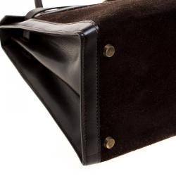 Pre Owned Hermes Dark Marron Box Calf Leather and Suede Gold Hardware Kelly Sellier 32 Bag