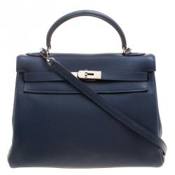 Pre Owned Hermes Blue De-Presse Togo Palladium Hardware Kelly Retourne 32 Bag