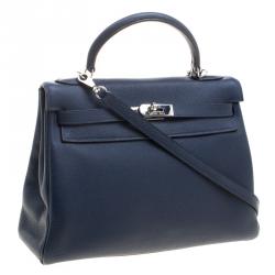 Pre Owned Hermes Blue De-Presse Togo Palladium Hardware Kelly Retourne 32 Bag