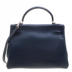 Pre Owned Hermes Blue De-Presse Togo Palladium Hardware Kelly Retourne 32 Bag