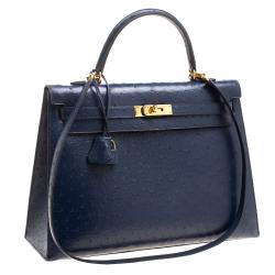 Pre Owned Hermes Blue De Malte Ostrich Gold Hardware Kelly Sellier 35 Bag