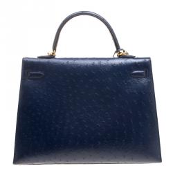 Pre Owned Hermes Blue De Malte Ostrich Gold Hardware Kelly Sellier 35 Bag