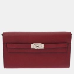 Pre Owned Hermes Kelly Wallet To-Go Rouge Grenat Epsom Leather Long Wallet