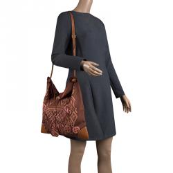 Pre Owned Hermes Brown Printed Kelly En Perles Silk and Swift Leather Silky City Bag