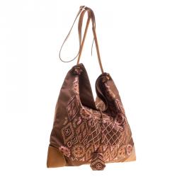 Pre Owned Hermes Brown Printed Kelly En Perles Silk and Swift Leather Silky City Bag