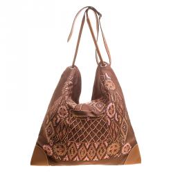 Pre Owned Hermes Brown Printed Kelly En Perles Silk and Swift Leather Silky City Bag