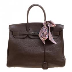 Hermes 35cm Cacao Clemence Leather Palladium Plated Atlas Bag
