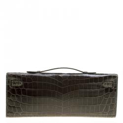 Pre Owned Hermes Olive Green Niloticus Crocodile Kelly Cut Clutch