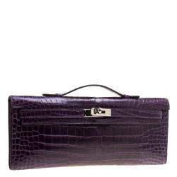 Pre Owned Hermes Amethyst Porosus Crocodile Kelly Cut Clutch