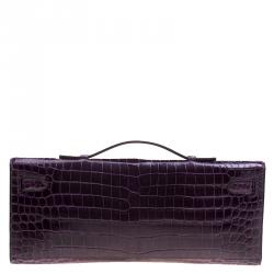 Pre Owned Hermes Amethyst Porosus Crocodile Kelly Cut Clutch