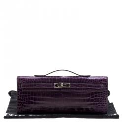 Pre Owned Hermes Amethyst Porosus Crocodile Kelly Cut Clutch
