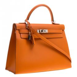 Pre Owned Hermes Orange Epsom Leather Palladium Hardware Kelly Sellier 32 Bag