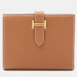 Pre Owned Hermes Bearn Compact Gold Bifold Wallet Epsom Leather Brown