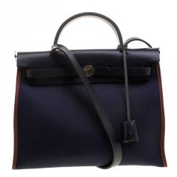 Pre Owned Hermes Black/Navy Blue Leather and Canvas Herbag Zip 31 Bag