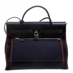 Pre Owned Hermes Black/Navy Blue Leather and Canvas Herbag Zip 31 Bag