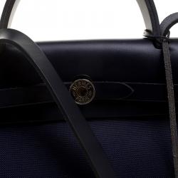 Pre Owned Hermes Black/Navy Blue Leather and Canvas Herbag Zip 31 Bag