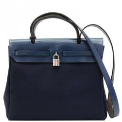 Pre Owned Hermes Navy Blue Canvas/Leather 2-in-1 Herbag PM Bag