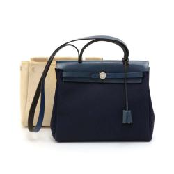 Pre Owned Hermes Navy Blue Canvas/Leather 2-in-1 Herbag PM Bag