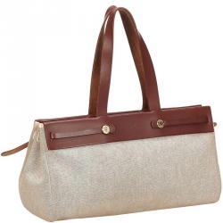 Hermes Beige/Brown Canvas Leather Herbag Cabas MM Bag
