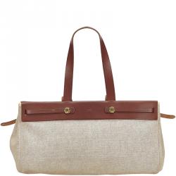 Hermes Beige/Brown Canvas Leather Herbag Cabas MM Bag