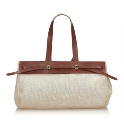 Hermes Beige/Brown Canvas Leather Herbag Cabas MM Bag