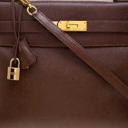 Pre Owned Hermes Brulee Veau Grain Lisse Leather Gold Hardware Kelly Retourne 32 Bag