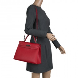 Pre Owned Hermes Rouge Garance Epsom Leather Palladium Hardware Kelly Sellier 32 Bag