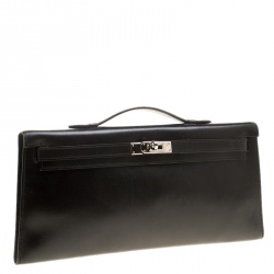 Hermes Black Box Calf Leather Palladium Hardware Kelly Longue Clutch 34cm