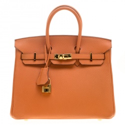 Pre Owned Hermes Orange Togo Leather Gold Hardware Birkin 25 Bag