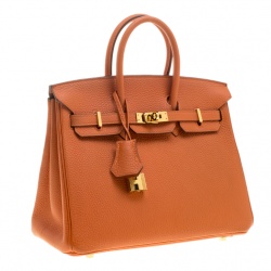 Pre Owned Hermes Orange Togo Leather Gold Hardware Birkin 25 Bag
