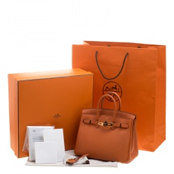 Pre Owned Hermes Orange Togo Leather Gold Hardware Birkin 25 Bag