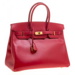 Hermes Red Box Calf Leather Gold Hardware Birkin 35 Bag