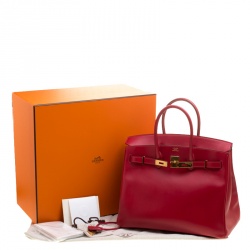 Hermes Red Box Calf Leather Gold Hardware Birkin 35 Bag