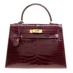 Pre Owned Hermes Burgundy Crocodile Gold Hardware Kelly Sellier 28 Bag