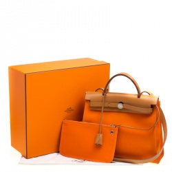 Pre Owned Hermes Brown/Capucines Leather and Fabric Herbag Zip 31 Bag