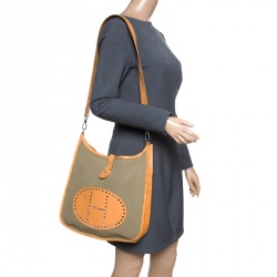 Pre Owned Hermes Green/Brown Canvas and Leather Evelyne II GM Bag