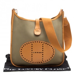 Pre Owned Hermes Green/Brown Canvas and Leather Evelyne II GM Bag