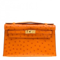 Hermes Mini Kelly Pochette Clutch Tangerine Ostrich Exotic Gold Hardware  Orange