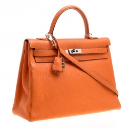Pre Owned Hermes Orange Togo Leather Palladium Hardware Kelly Retourne 35 Bag